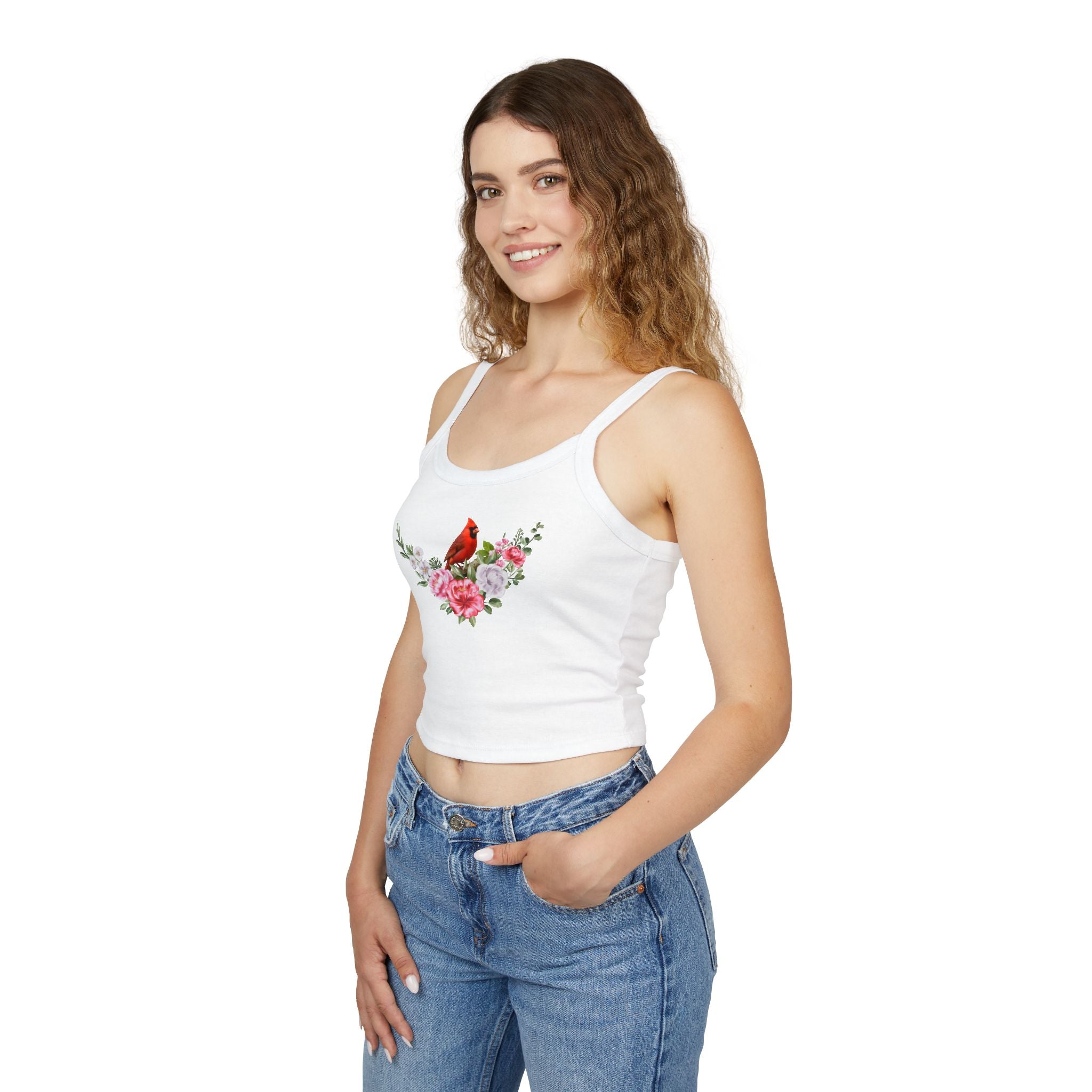 Cardinal Floral Crop Tank Top — Women’s Spaghetti Strap Summer Top