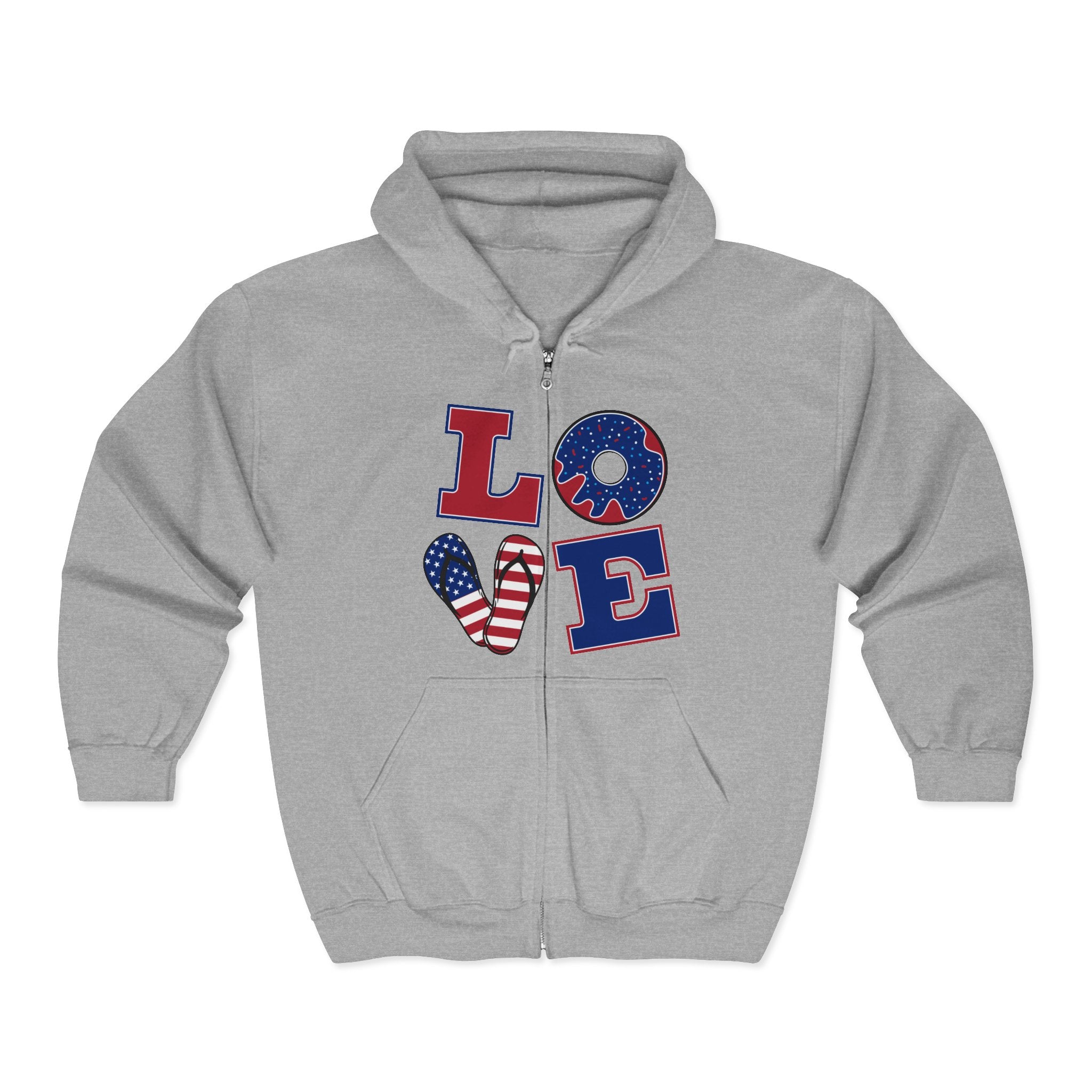 Patriotic 'LOVE' Zip Hoodie — American Flag & Donut Graphic