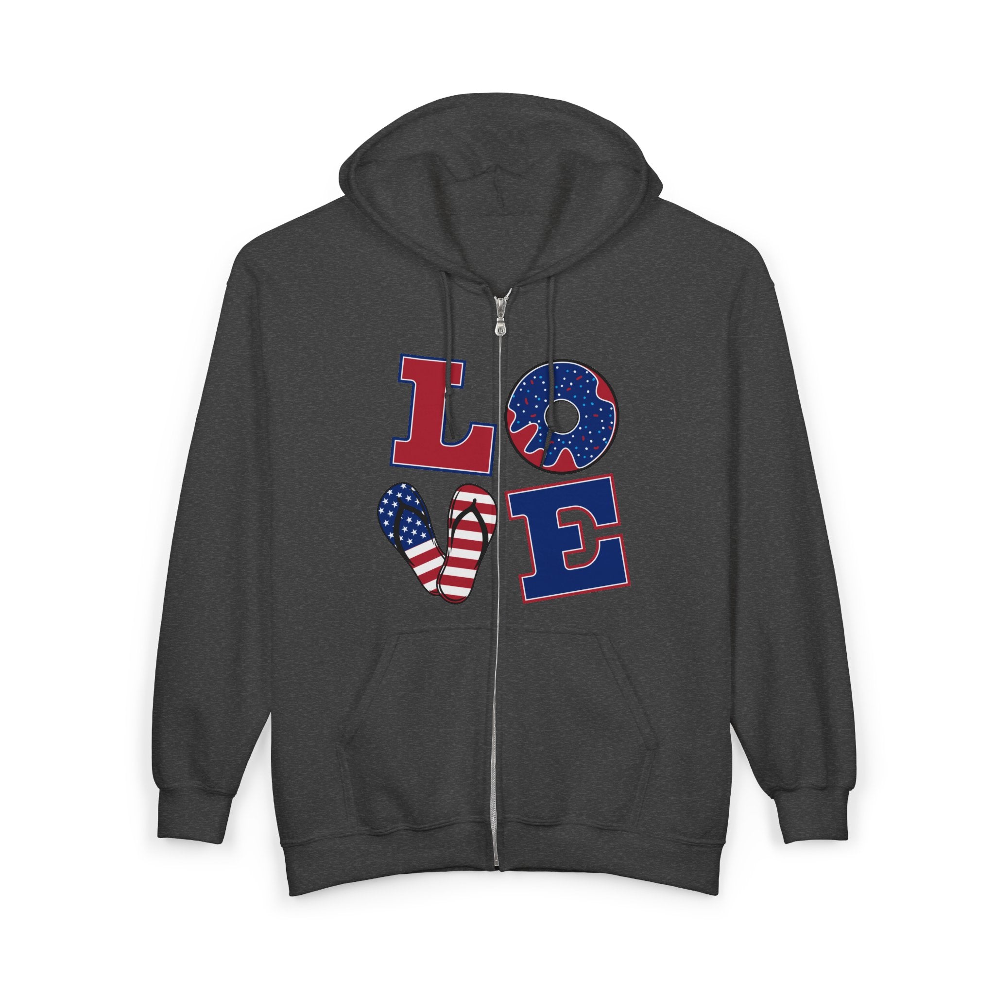 Patriotic 'LOVE' Zip Hoodie — American Flag & Donut Graphic