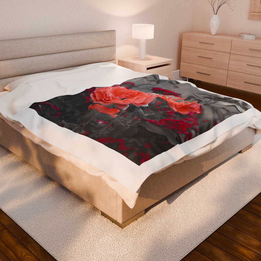 Coral Roses Velveteen Plush Blanket — Soft Floral Throw for Home, Gift for Her