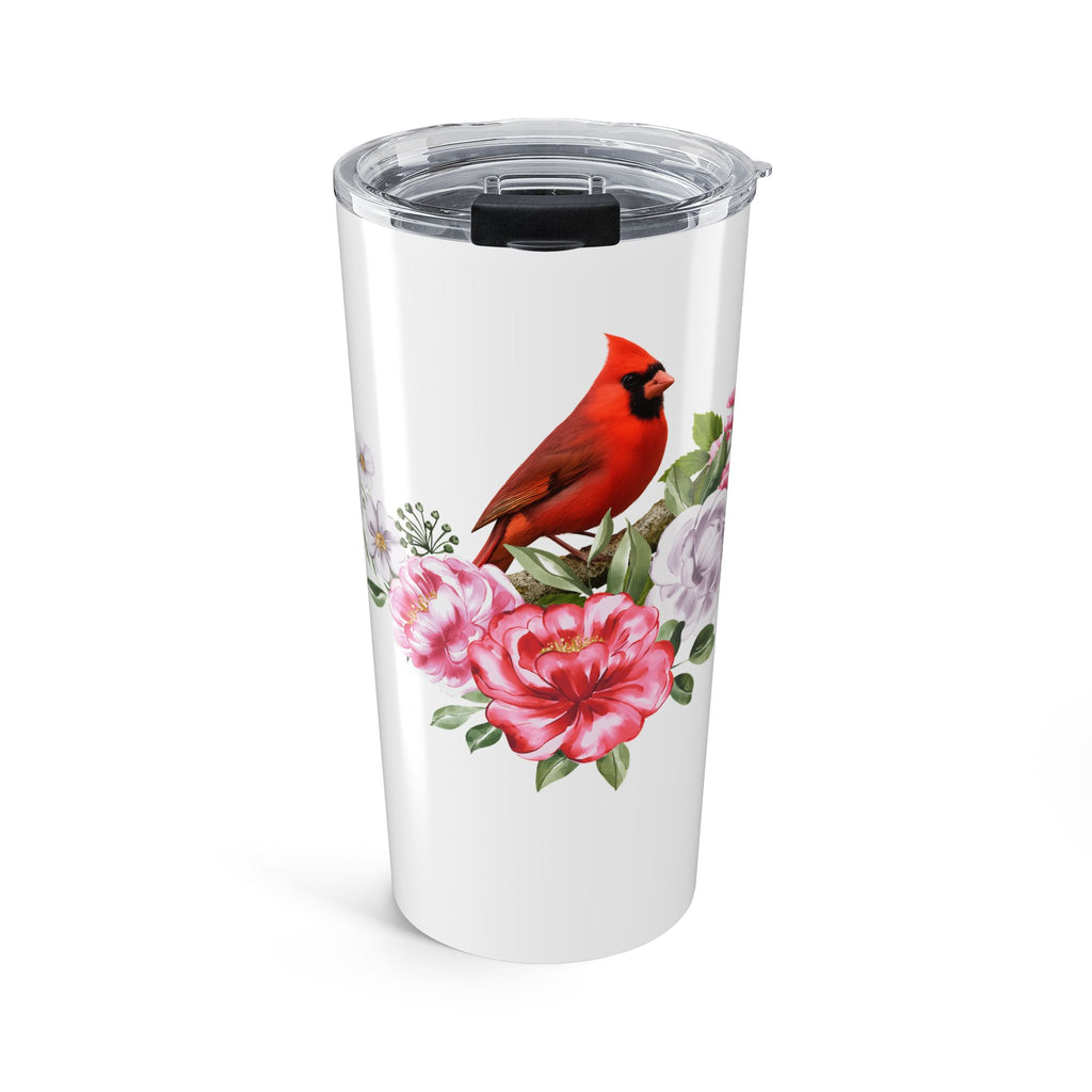 Cardinal & Floral 20oz Tumbler — Insulated Travel Cup with Red Cardinal and Pink Roses