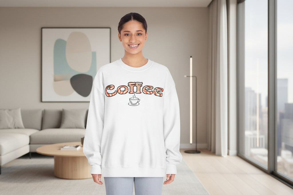 Coffee Crewneck Sweatshirt — Retro Coffee Text & Cup Graphic