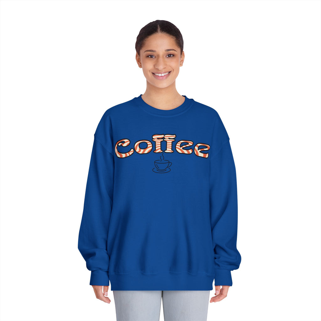 Coffee Crewneck Sweatshirt — Retro Coffee Text & Cup Graphic