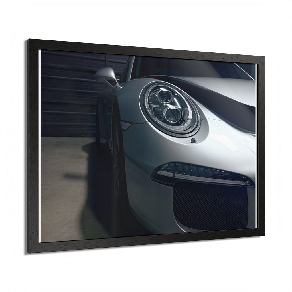 Porsche Sports Car Framed Poster — Close-Up Headlight Print