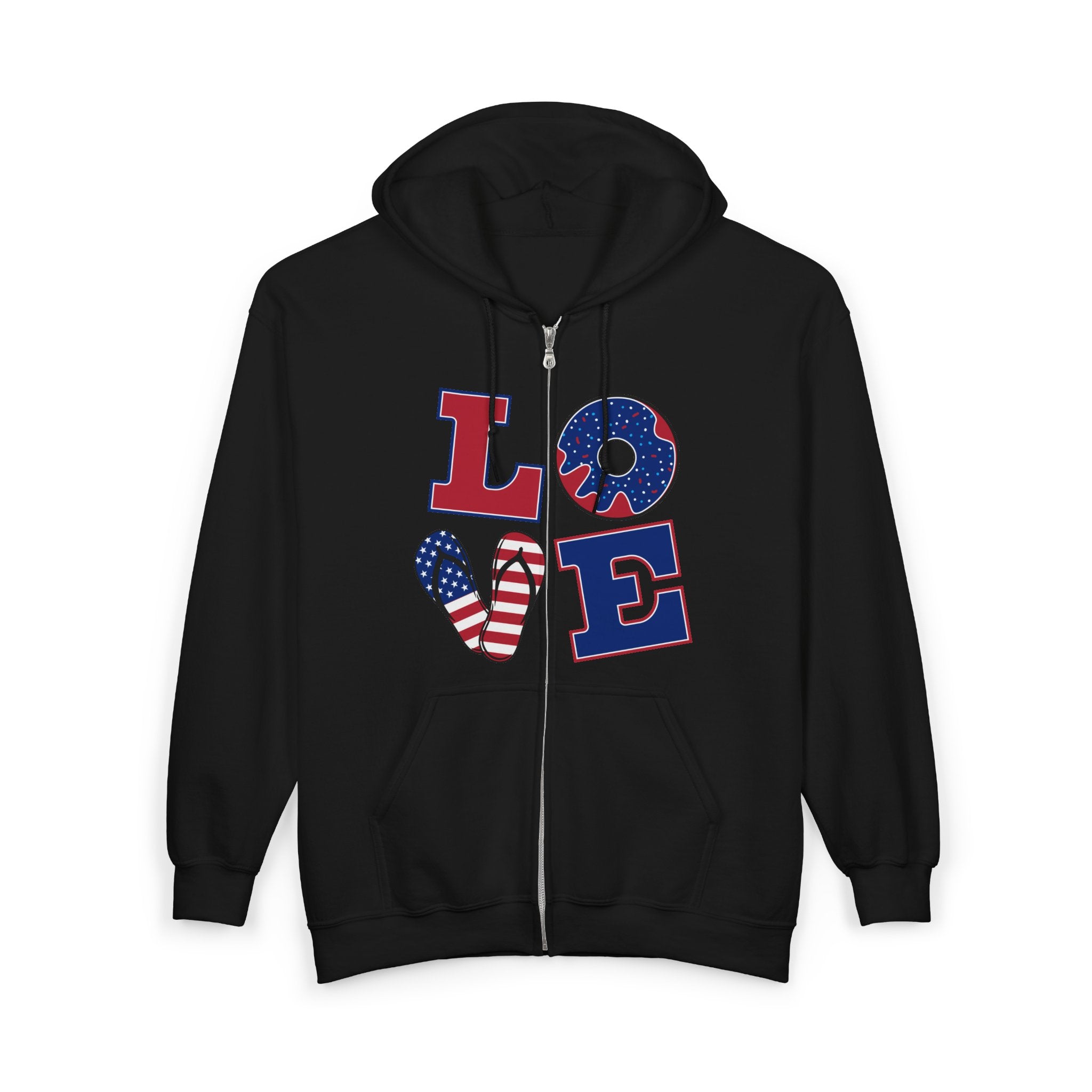 Patriotic 'LOVE' Zip Hoodie — American Flag & Donut Graphic