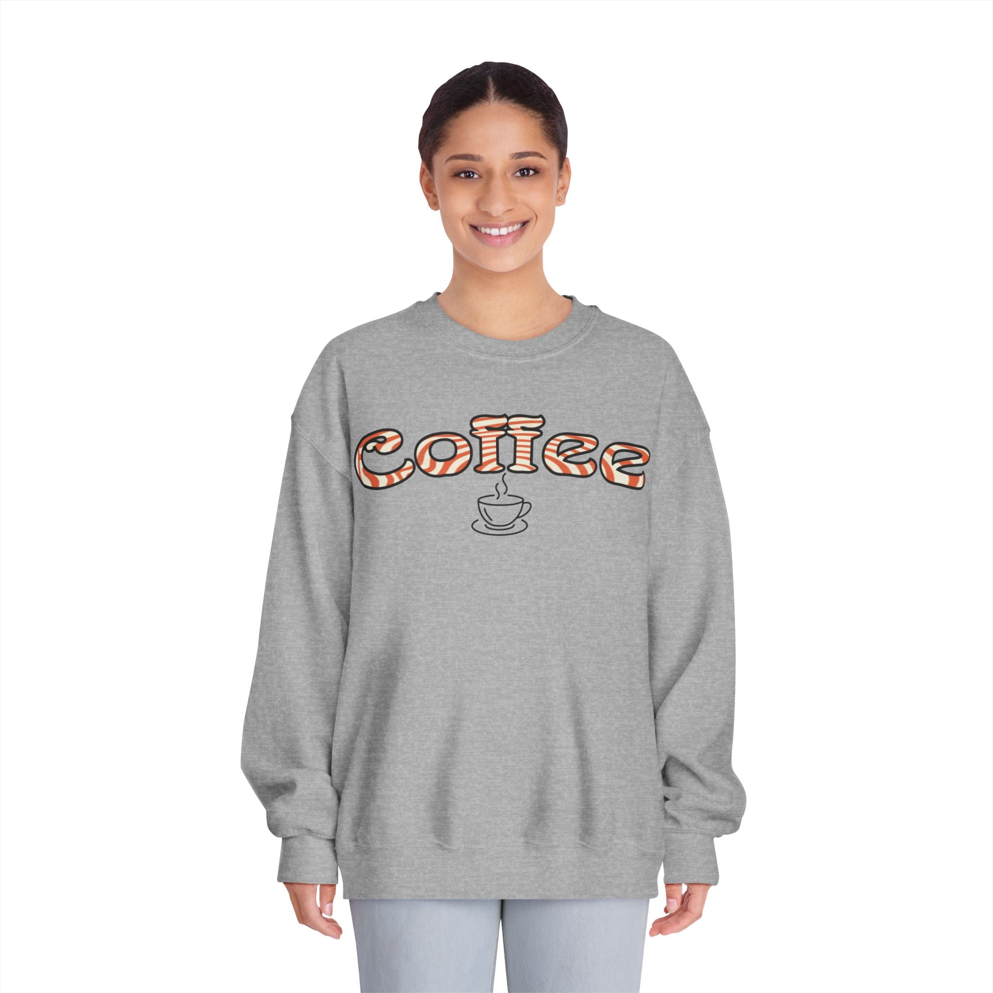 Coffee Crewneck Sweatshirt — Retro Coffee Text & Cup Graphic