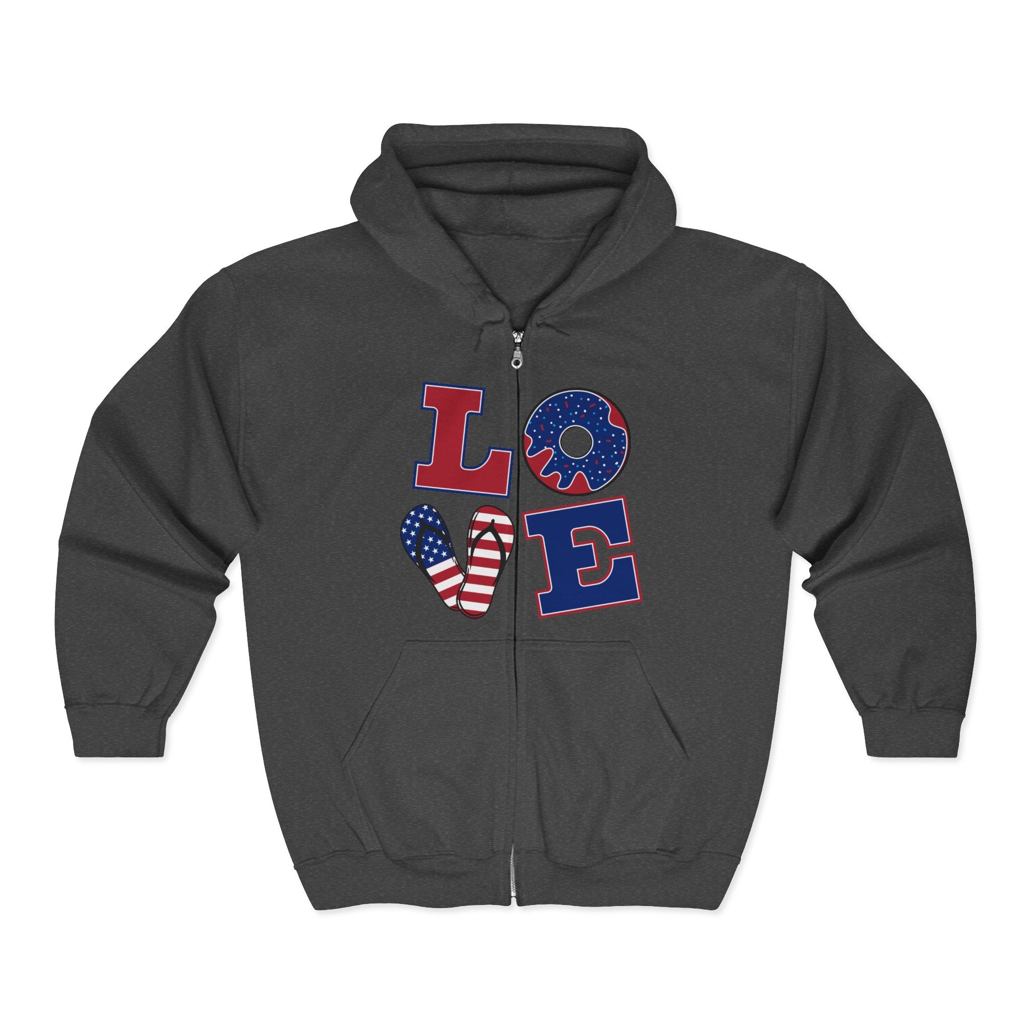 Patriotic 'LOVE' Zip Hoodie — American Flag & Donut Graphic