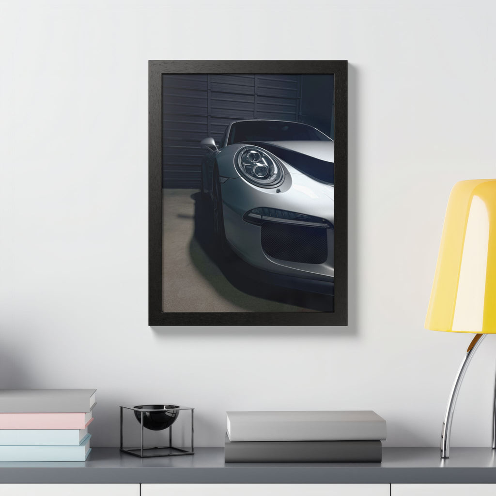 Porsche Sports Car Framed Poster — Close-Up Headlight Print