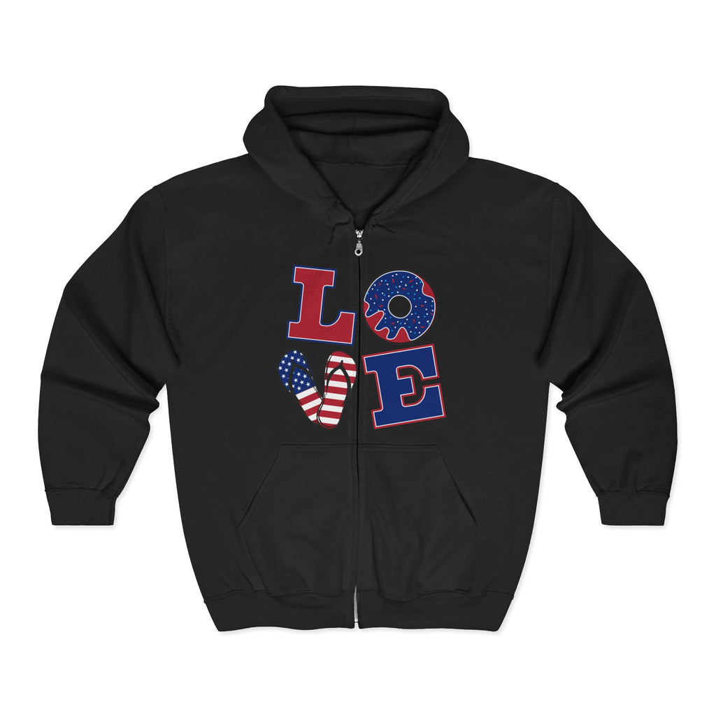 Patriotic 'LOVE' Zip Hoodie — American Flag & Donut Graphic