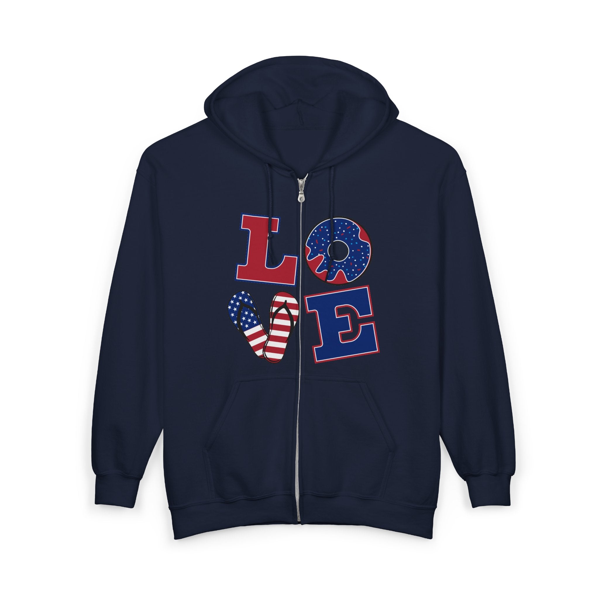 Patriotic 'LOVE' Zip Hoodie — American Flag & Donut Graphic