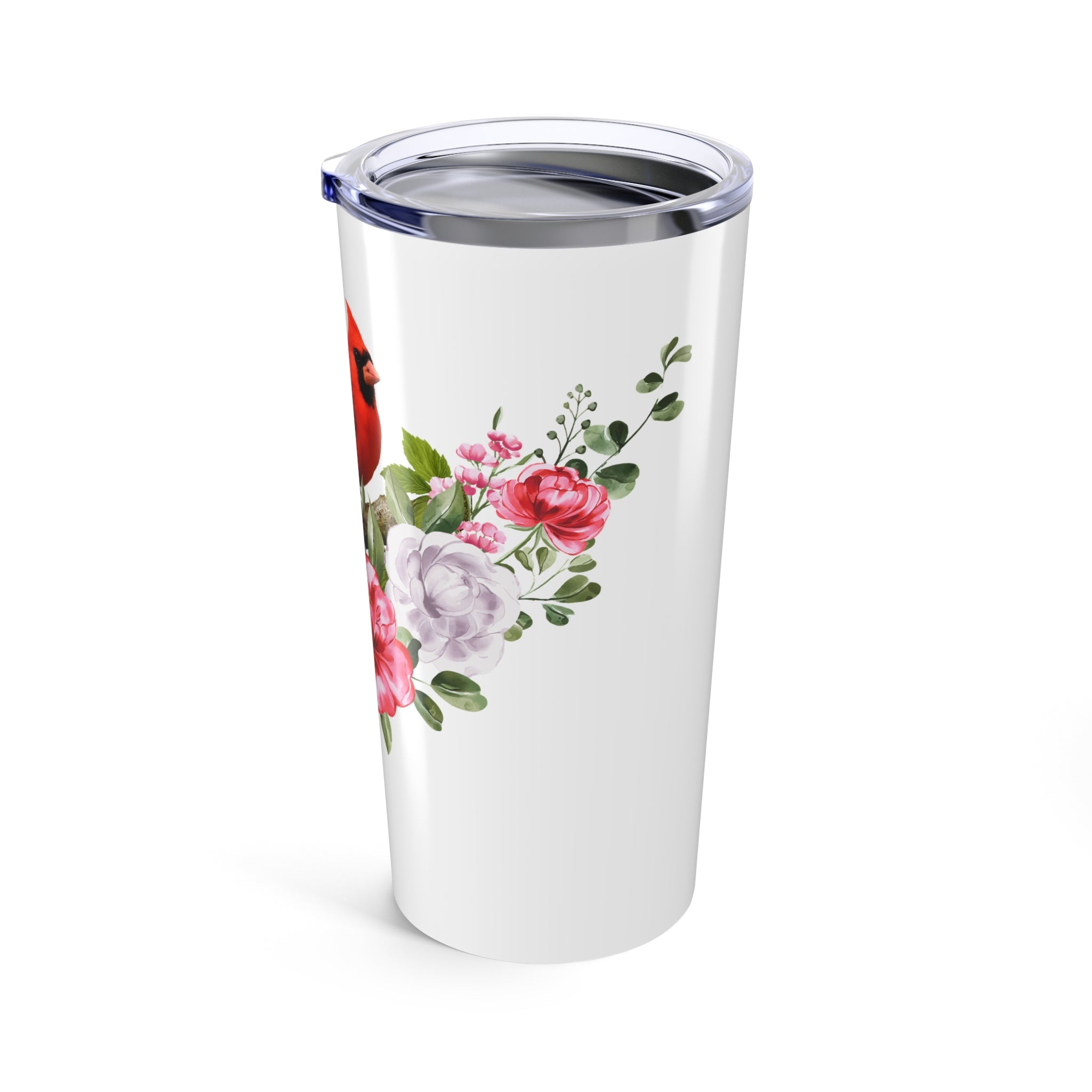Cardinal & Floral 20oz Tumbler — Insulated Travel Cup with Red Cardinal and Pink Roses