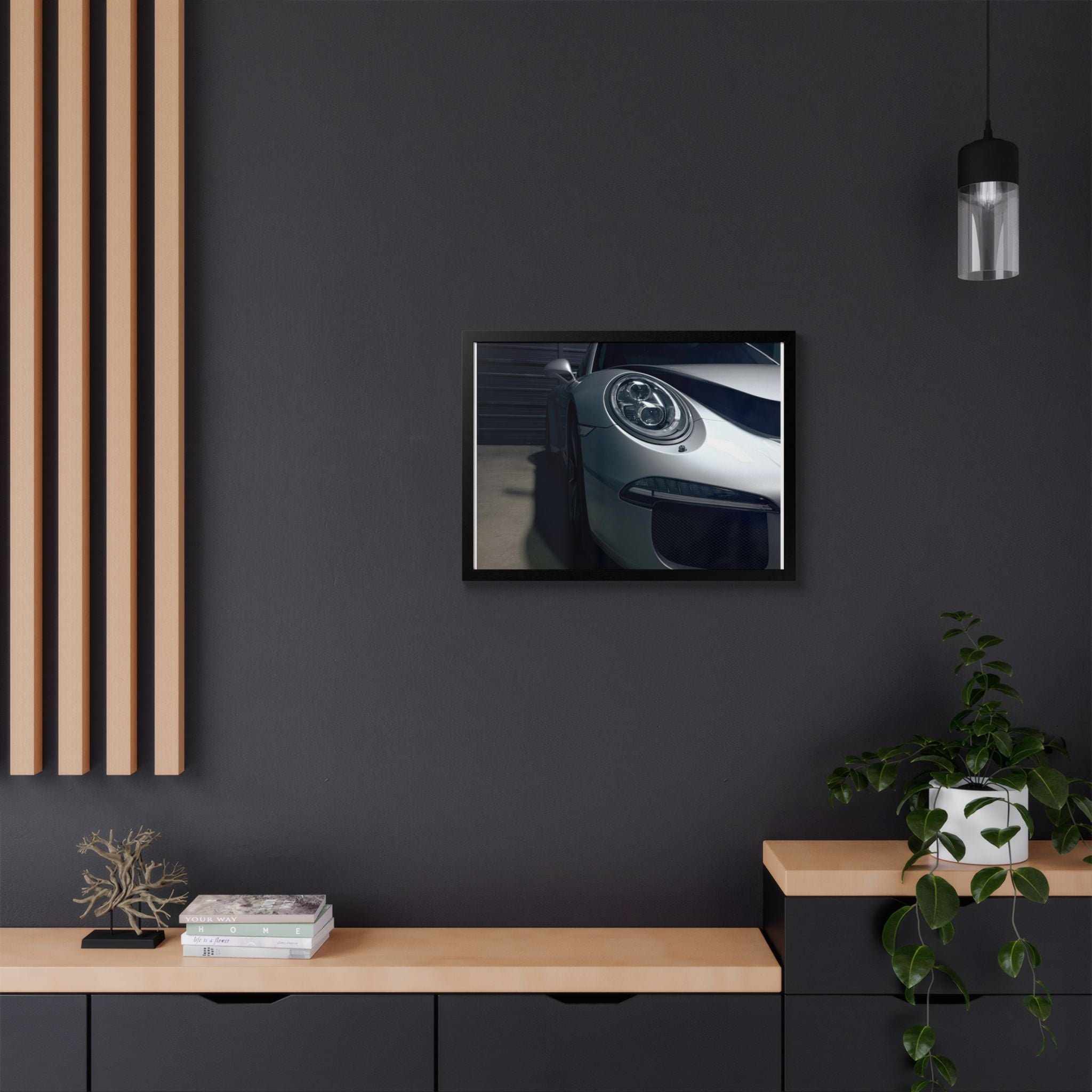 Porsche Sports Car Framed Poster — Close-Up Headlight Print