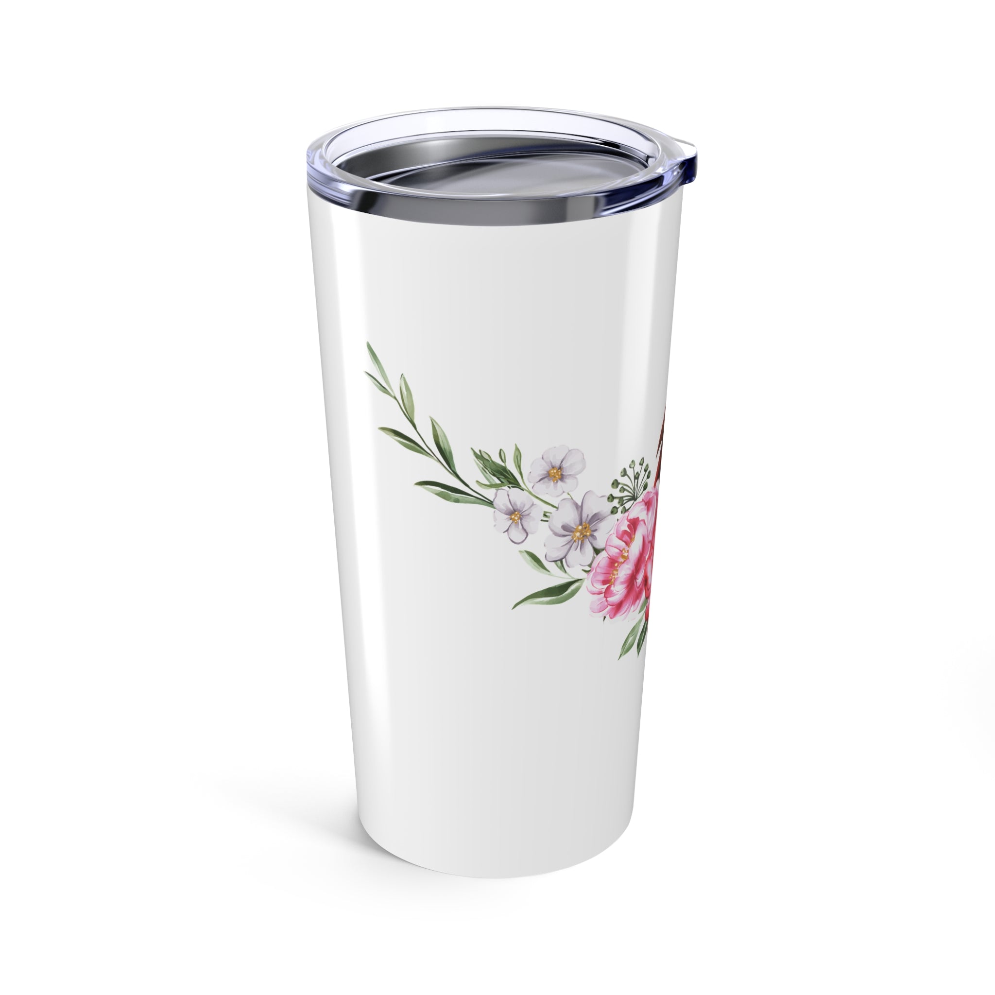 Cardinal & Floral 20oz Tumbler — Insulated Travel Cup with Red Cardinal and Pink Roses