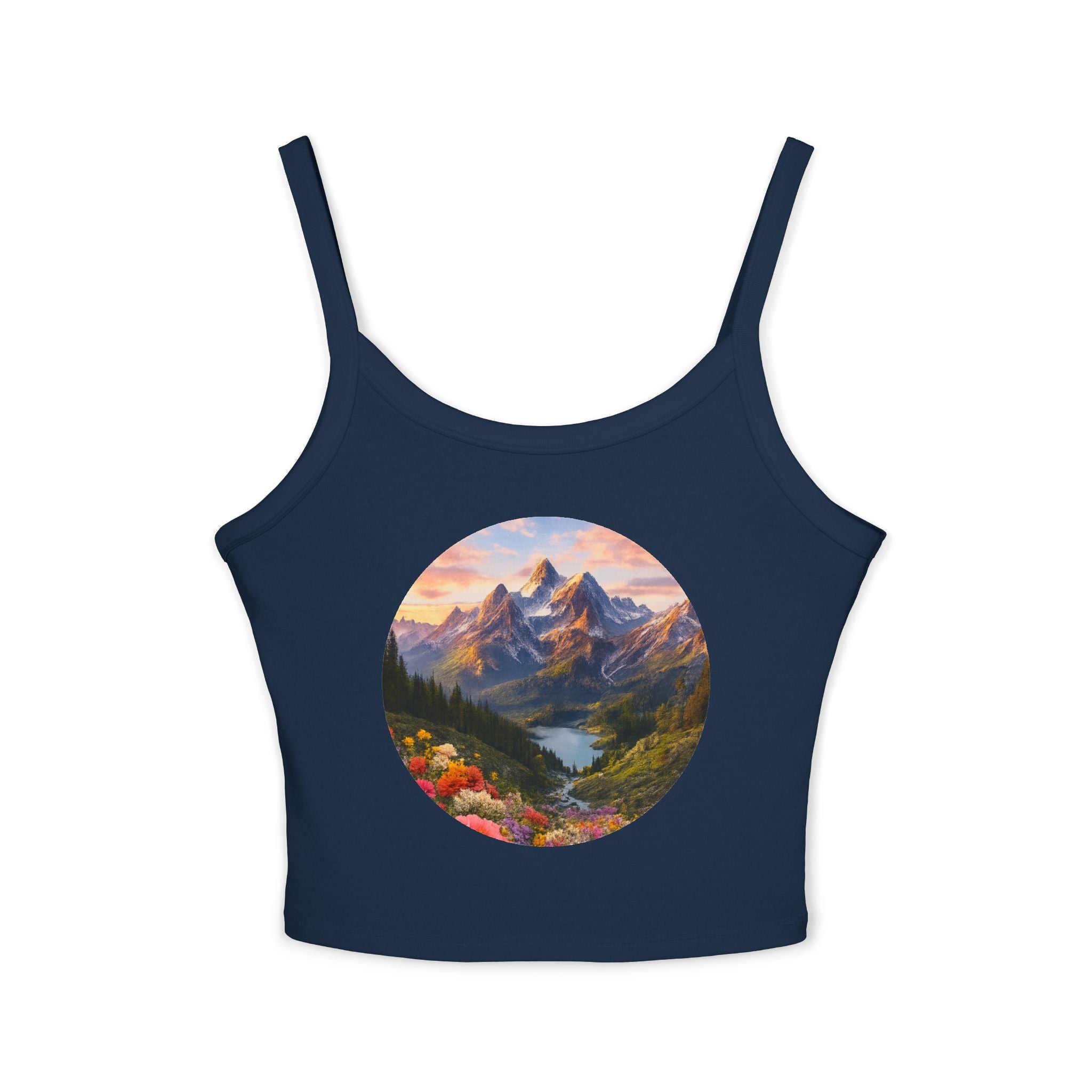 Scenic Mountain Sunset Tank Top — Circular Alpine Landscape Crop