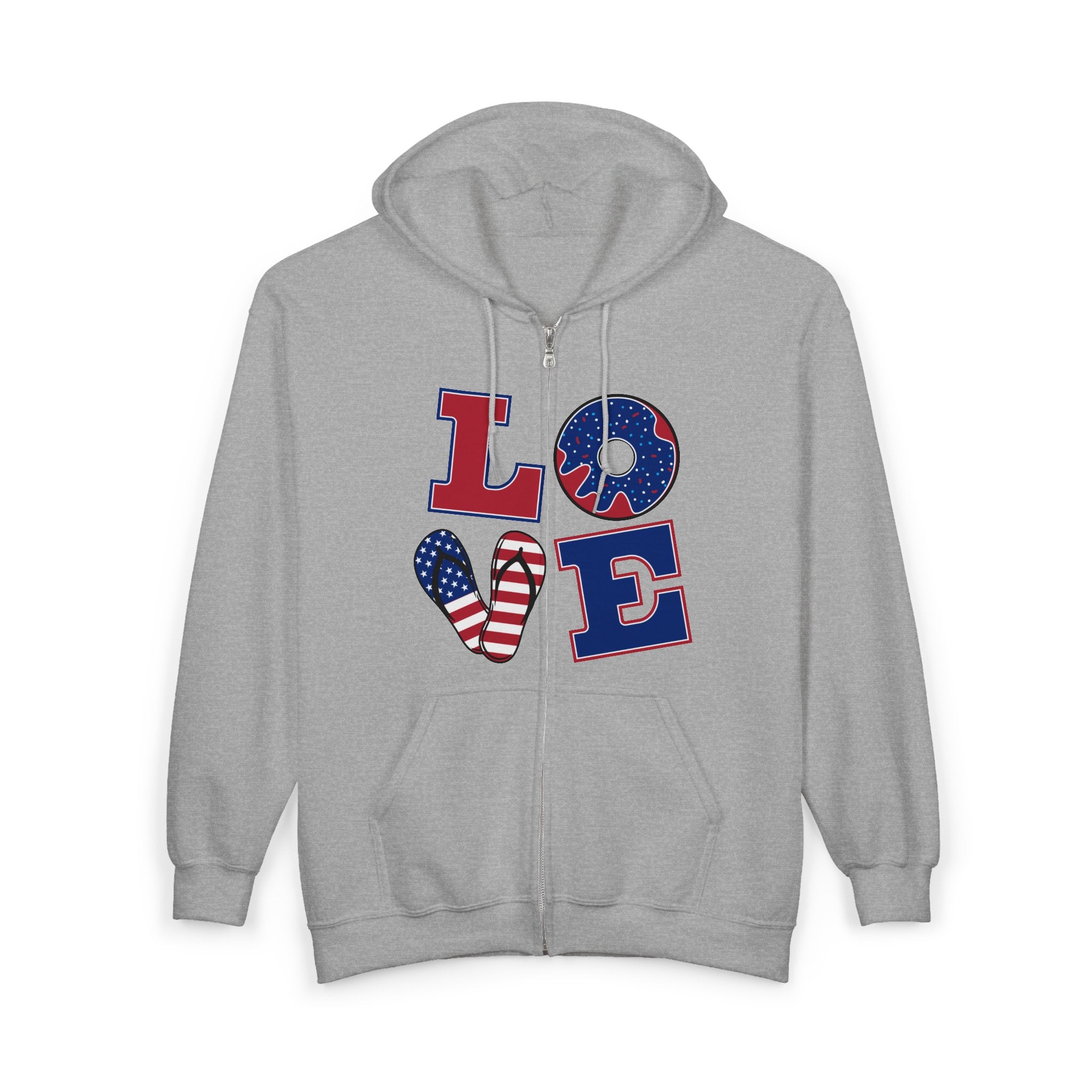 Patriotic 'LOVE' Zip Hoodie — American Flag & Donut Graphic