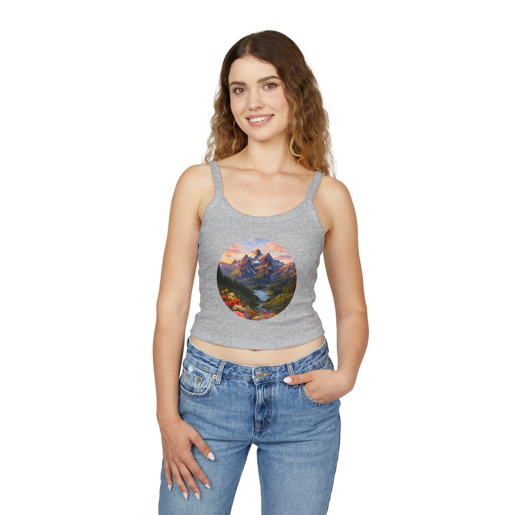 Scenic Mountain Sunset Tank Top — Circular Alpine Landscape Crop
