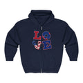 Patriotic 'LOVE' Zip Hoodie — American Flag & Donut Graphic