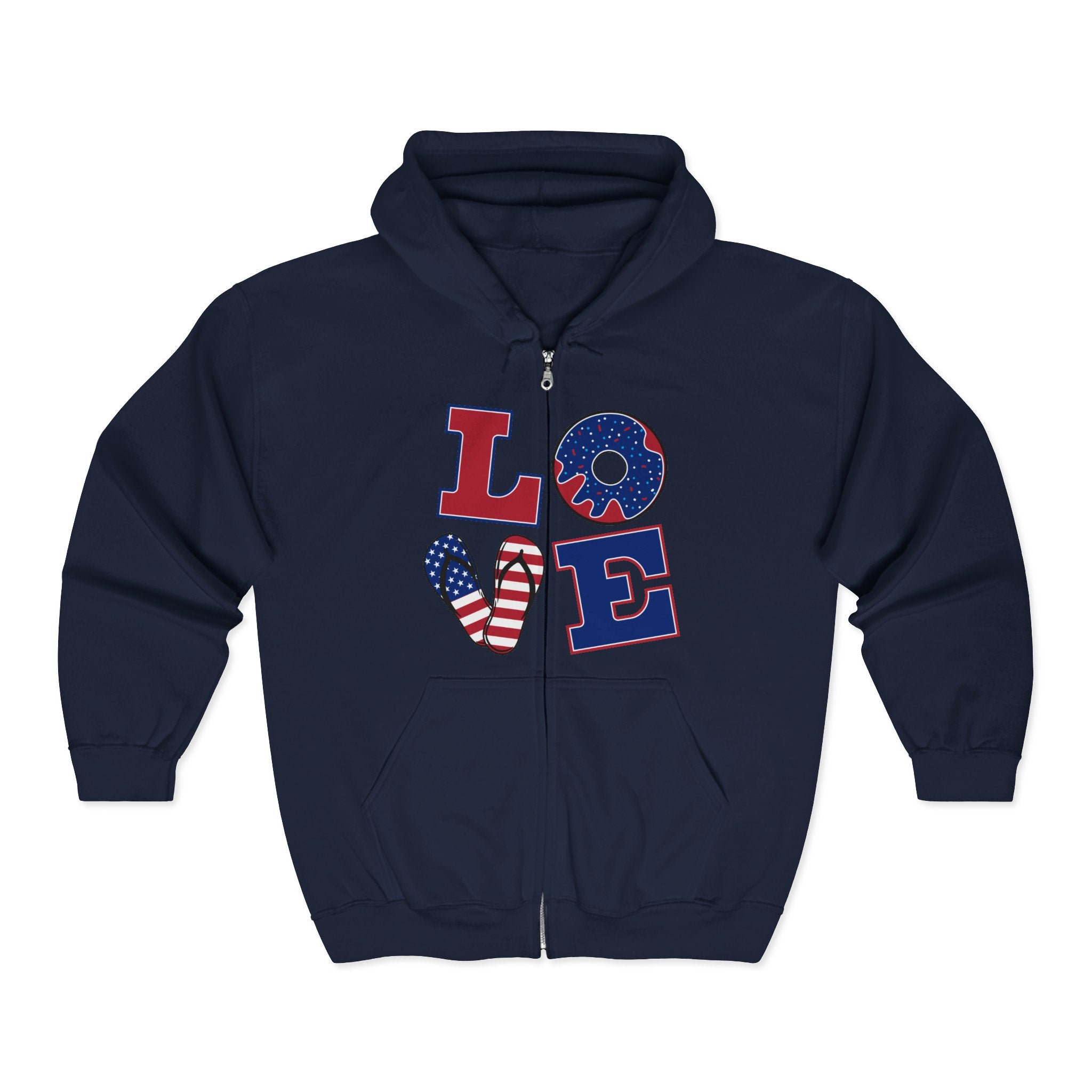 Patriotic 'LOVE' Zip Hoodie — American Flag & Donut Graphic