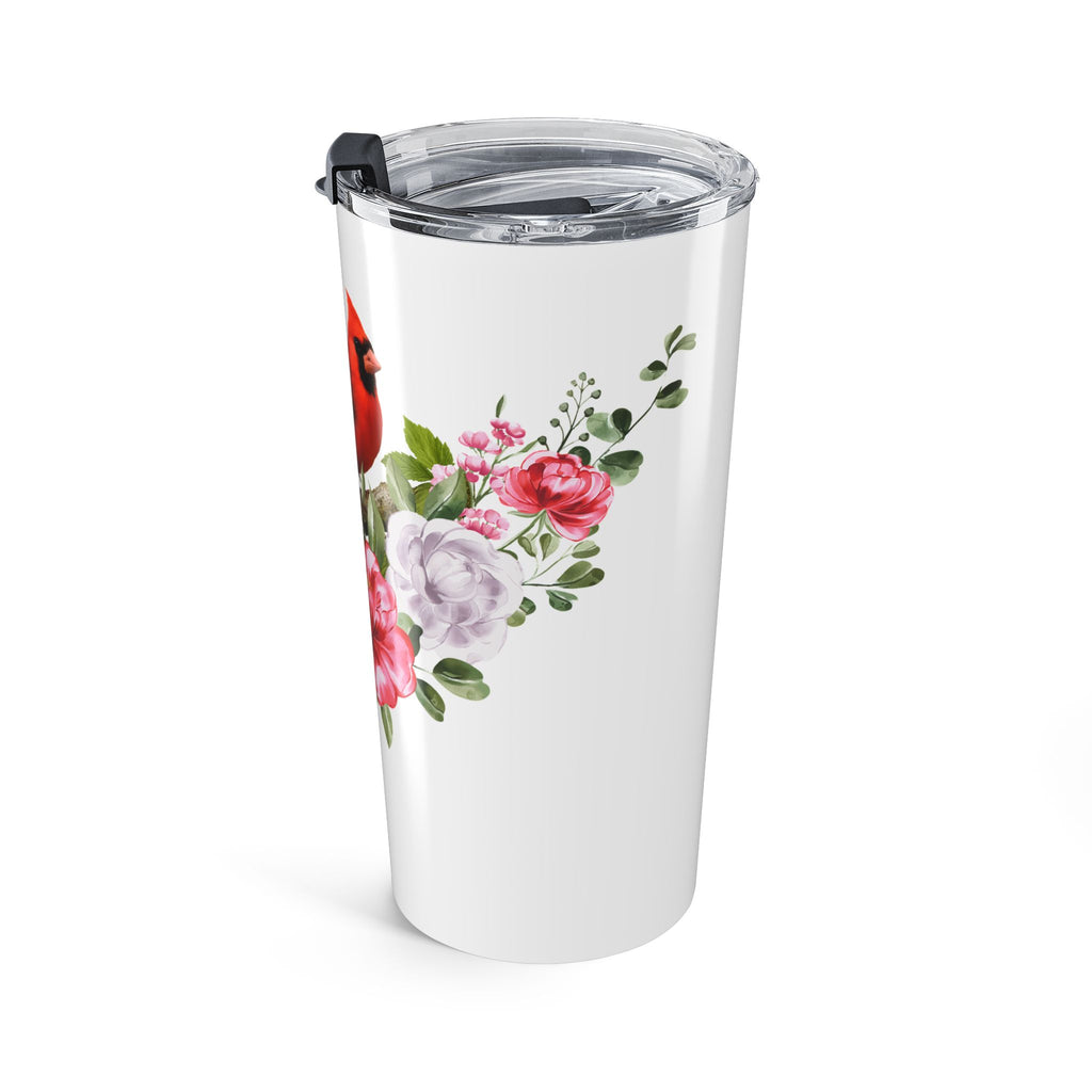 Cardinal & Floral 20oz Tumbler — Insulated Travel Cup with Red Cardinal and Pink Roses