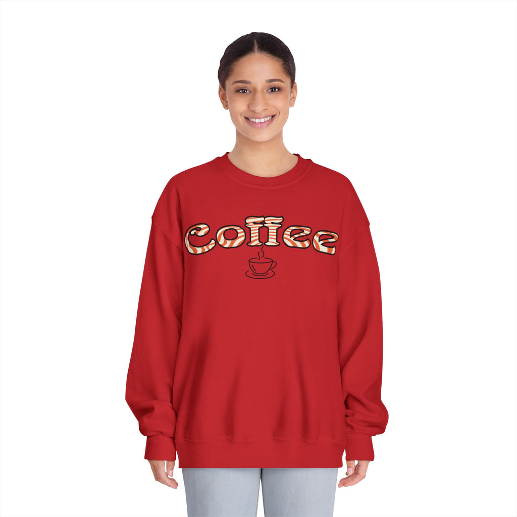 Coffee Crewneck Sweatshirt — Retro Coffee Text & Cup Graphic