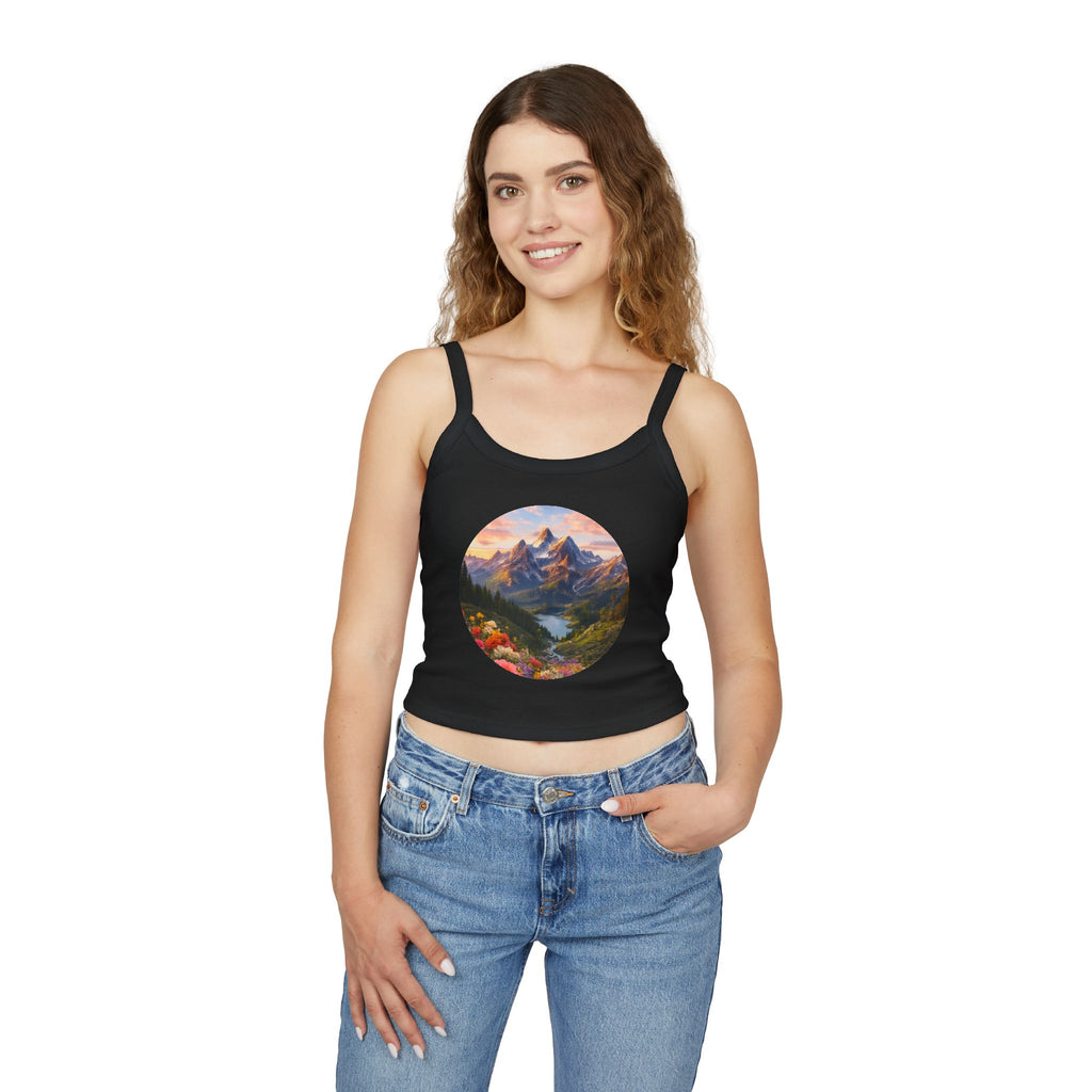 Scenic Mountain Sunset Tank Top — Circular Alpine Landscape Crop