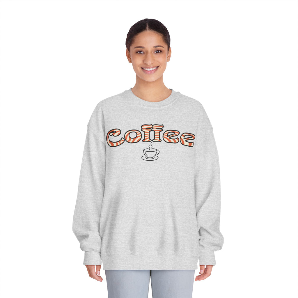 Coffee Crewneck Sweatshirt — Retro Coffee Text & Cup Graphic