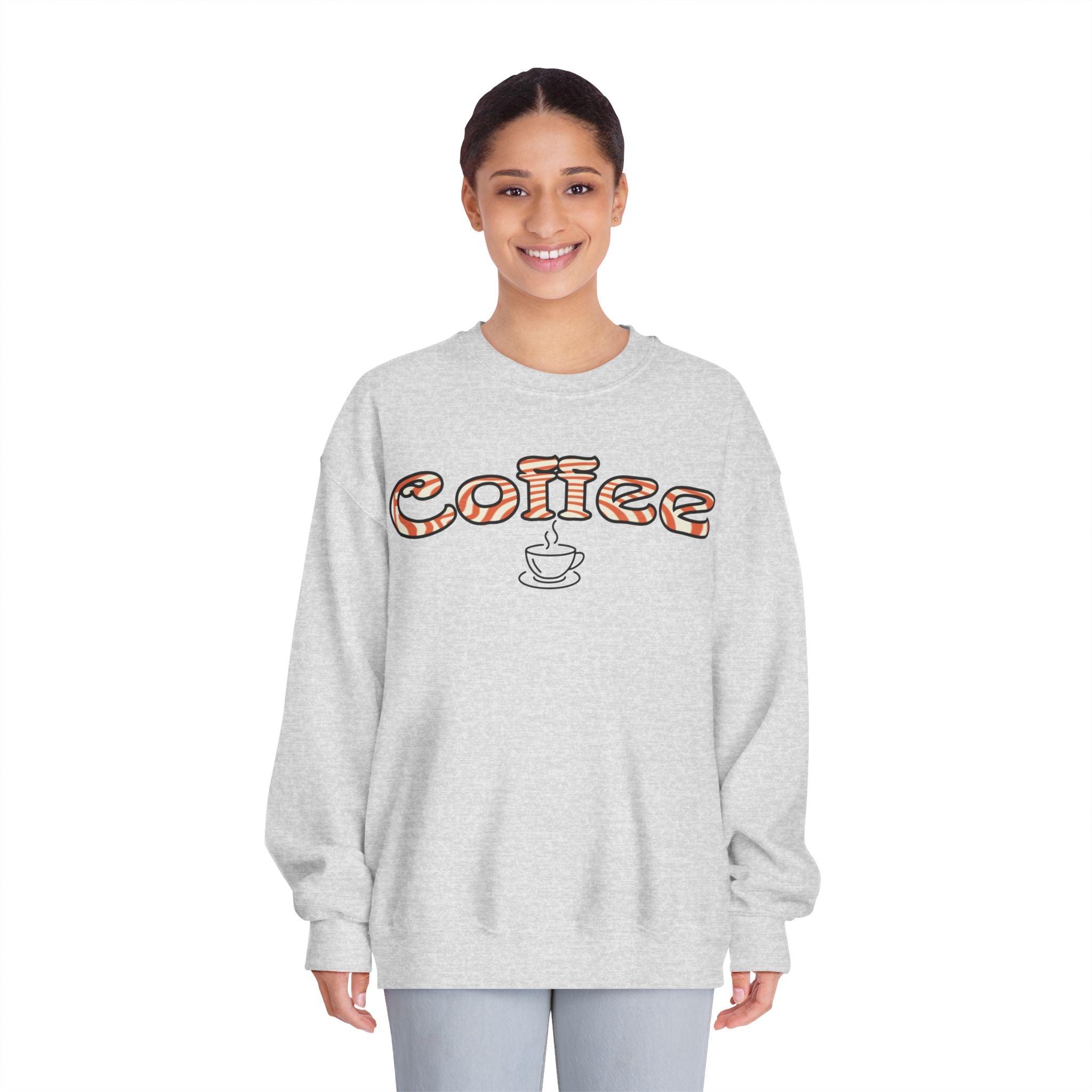 Coffee Crewneck Sweatshirt — Retro Coffee Text & Cup Graphic